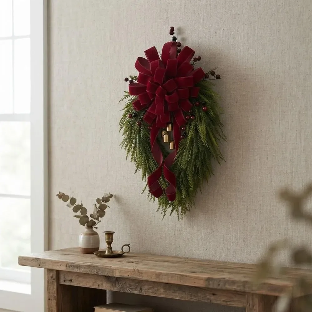 Traditional Christmas Teardrop Swag | Red Velvet Bow, Berries,, Gold Bells